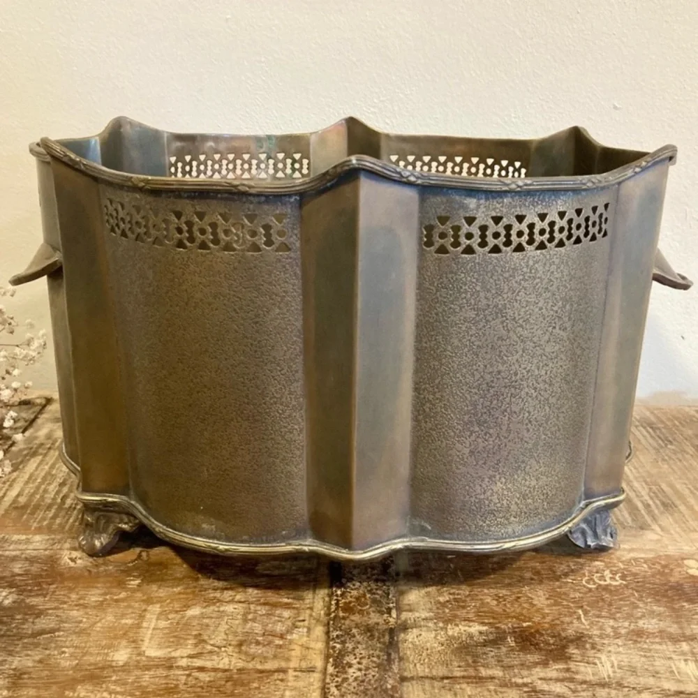 Metal Planter with Cutout Design Footed Container Cachepot